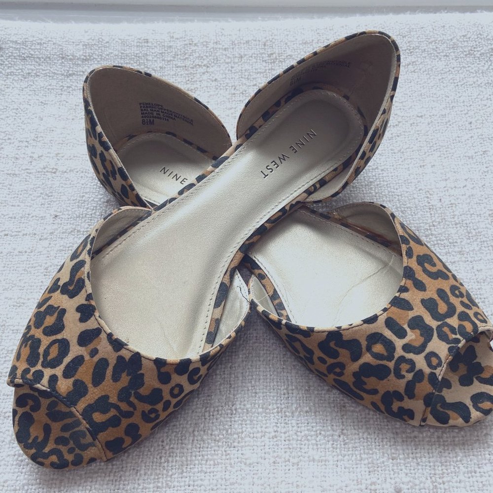 Nine West Penelope Peep-Toe Open Toe fabric Flats leopard animal-print, S8.5